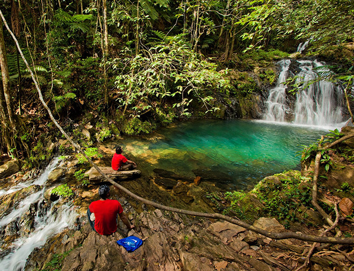 Two hikers beside a rainforest pool and waterfall on the Mayflower tour