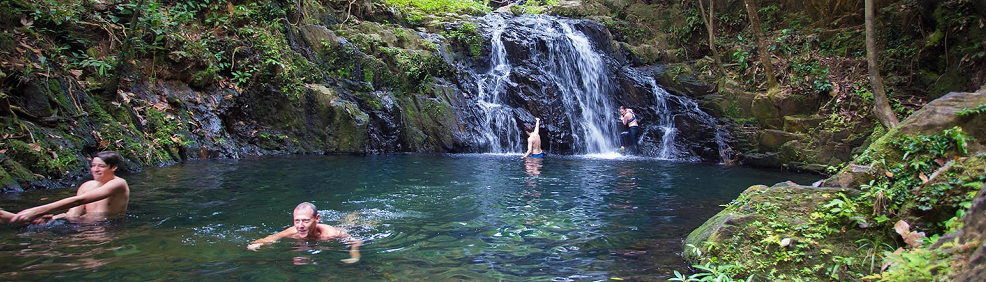 Guests swimming beside a waterfall in the rainforest