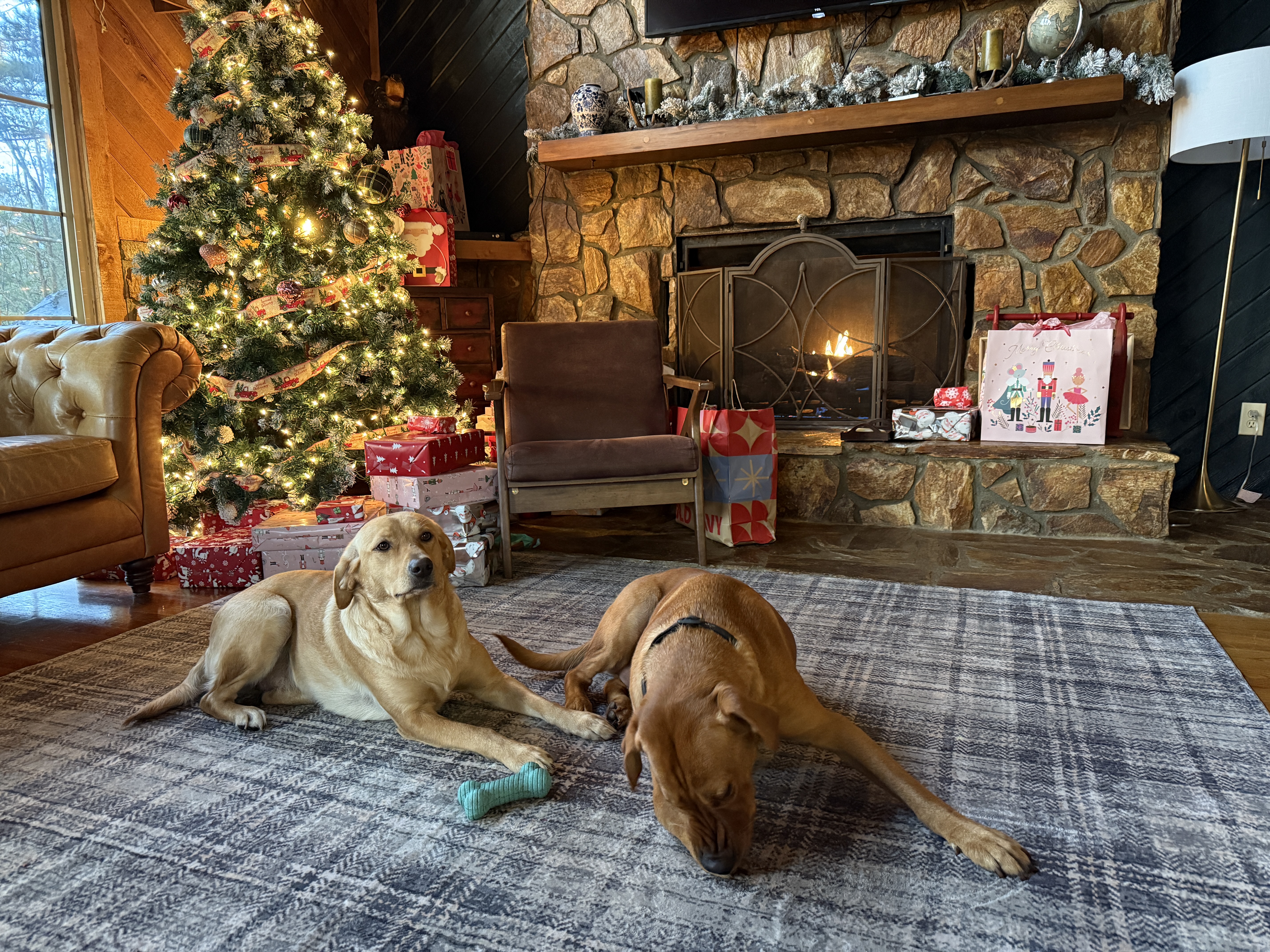 Christmas tree and stone fireplace inside Three Little Bears Retreat in Bryson City