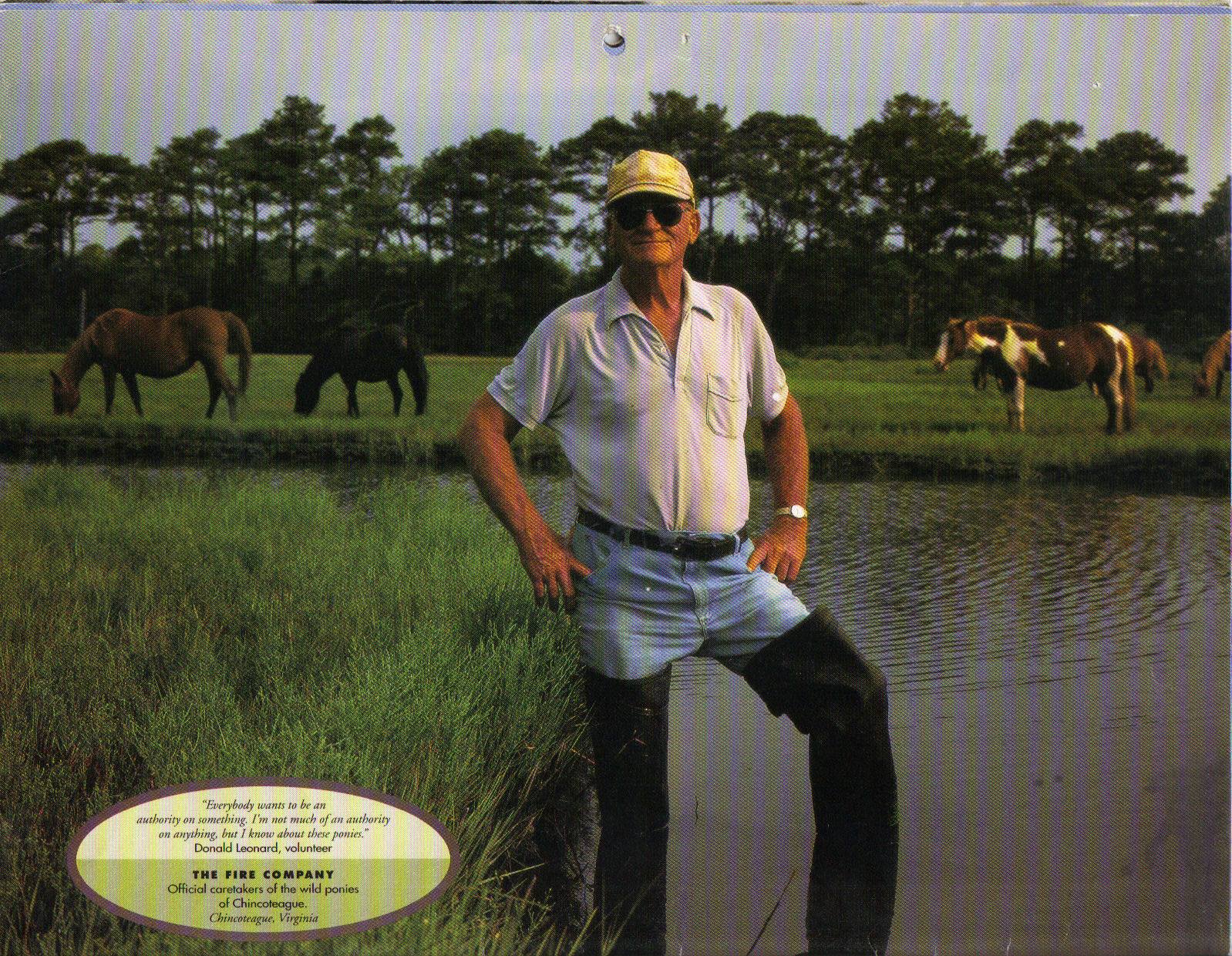 Don Leonard stands in the marsh with his pony herd grazing behind him, in a photograph taken for a Chincoteague Volunteer Fire Company calendar honoring everyday heroes.