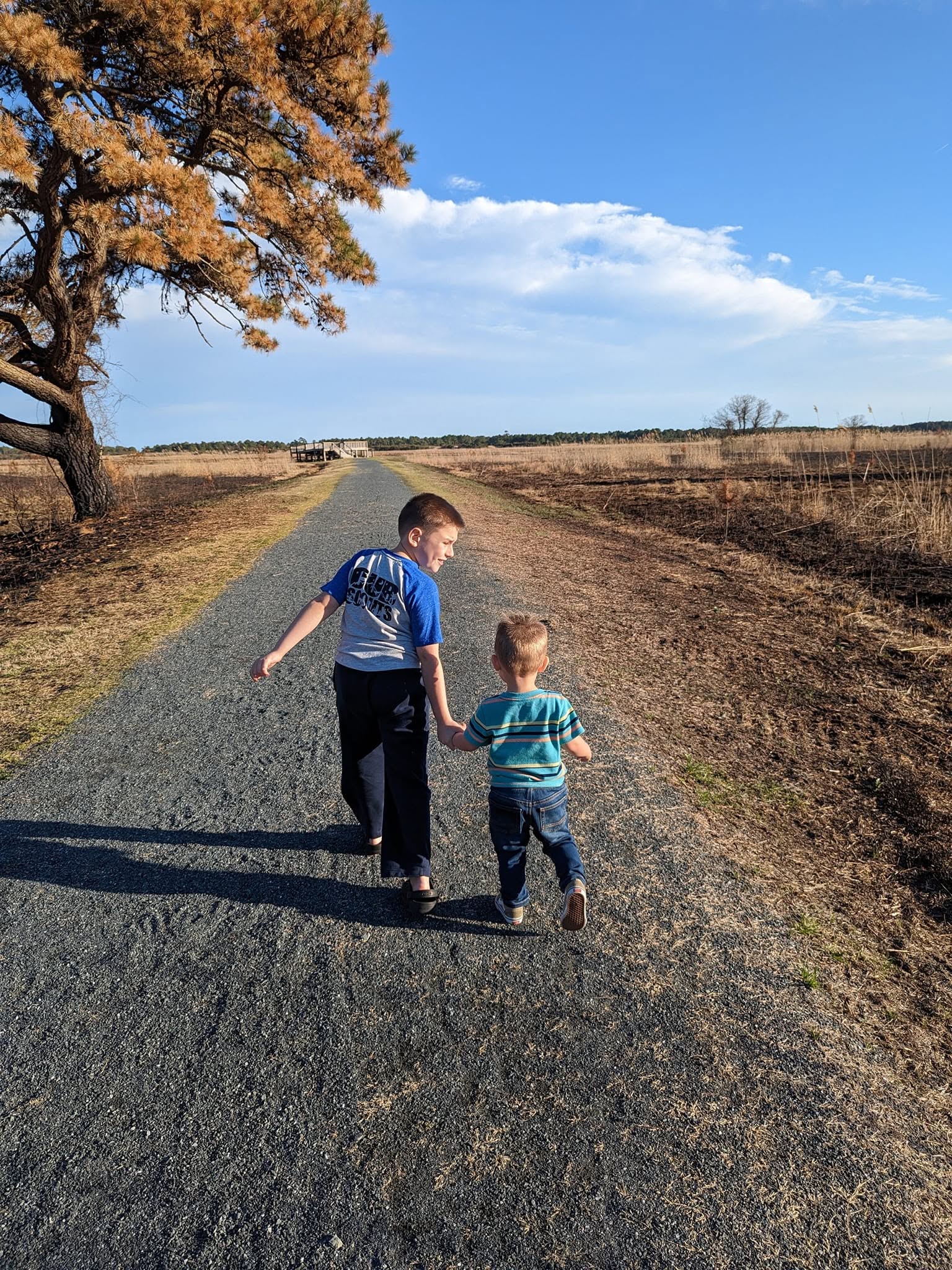 Two young brothers walking a gravel trail at Chincoteague National Wildlife Refuge, the older one leading.