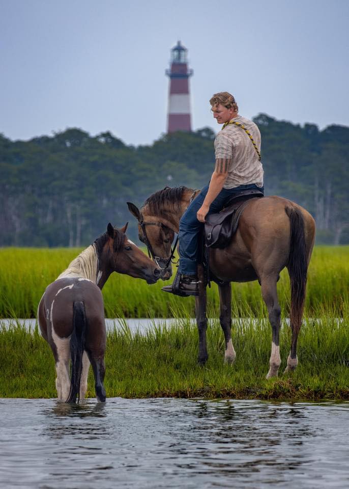 A Saltwater Cowboy on horseback in the marsh with a wild Chincoteague pony at his horse’s nose and the Assateague Lighthouse behind.
