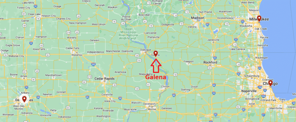 Map highlighting Galena, Illinois, with nearby cities marked.