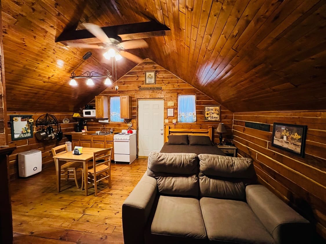 Interior of a cozy cabin featuring wooden walls, a kitchen area, dining table, and a sofa.