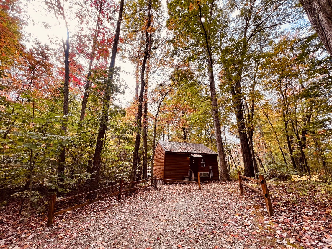A small wooden cabin surrounded by colorful autumn trees on a gravel path.