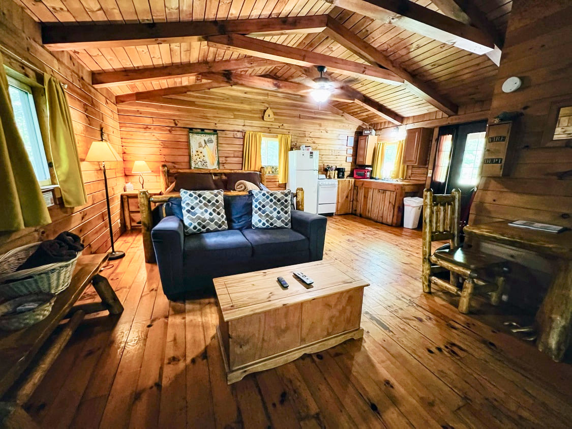 Cozy wooden cabin interior featuring a sofa, coffee table, and kitchenette with warm lighting.