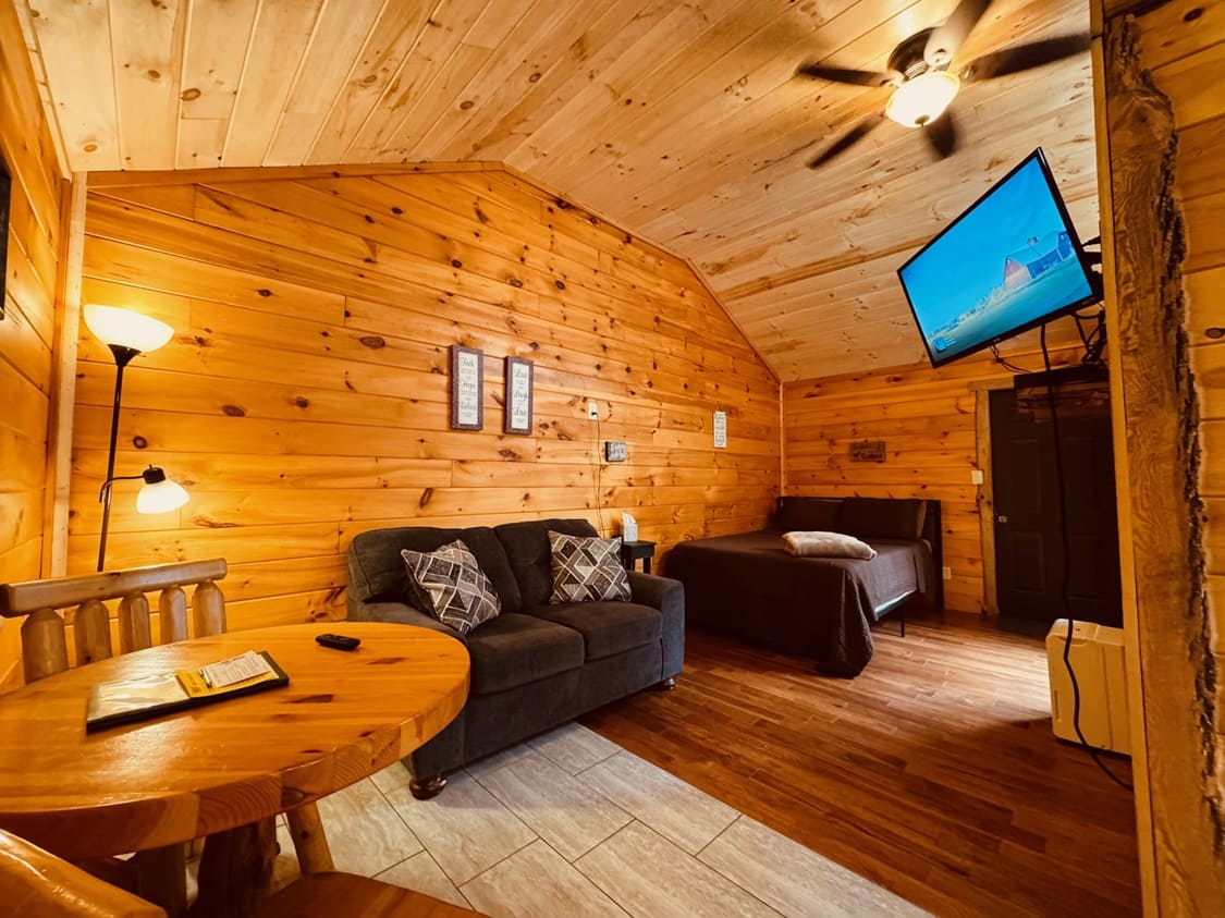 Cozy cabin interior featuring wooden walls, a sofa, a bed, a small dining table, and a TV.