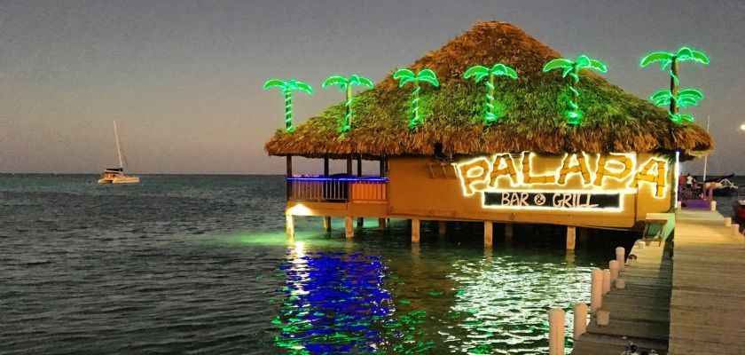 palapa bar and grill at dusk with sign and palm tree lights lit up