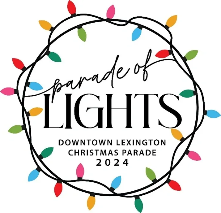 christmas lights in a circle with the words Parade of Lights Downtown Lexington Christmas Parade 2024 in the center