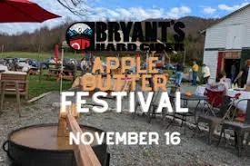 picture of apple butter churning and a white barn in the background. also letters across the picture Bryant's Hard Cider Apple Butter Festival November 16 picture of apple butter churning and a white barn in the background. also letters across the picture Bryant's Hard Cider Apple Butter Festival November 16
