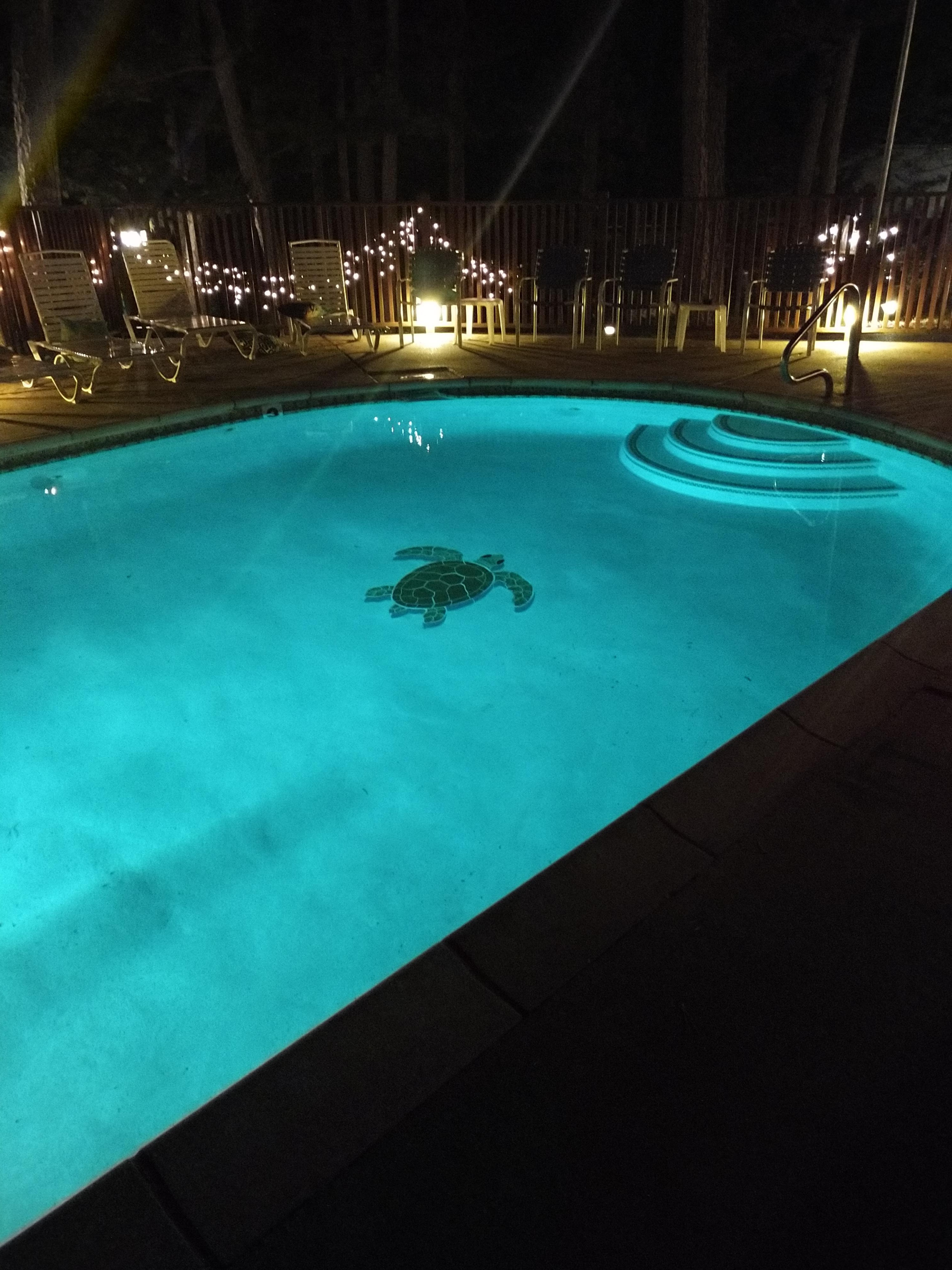 swimming pool at night with lighting surrounding the pool