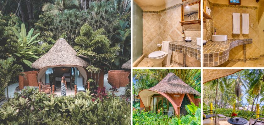 Collage of Beach Front Bungalow accommodations featuring a thatched roof cabin surrounded by lush greenery, interior bathroom with tiled sink and shower, and outdoor patio seating near palm trees