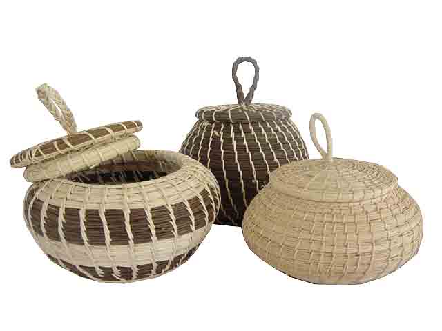 The hand woven baskets in tan and brown